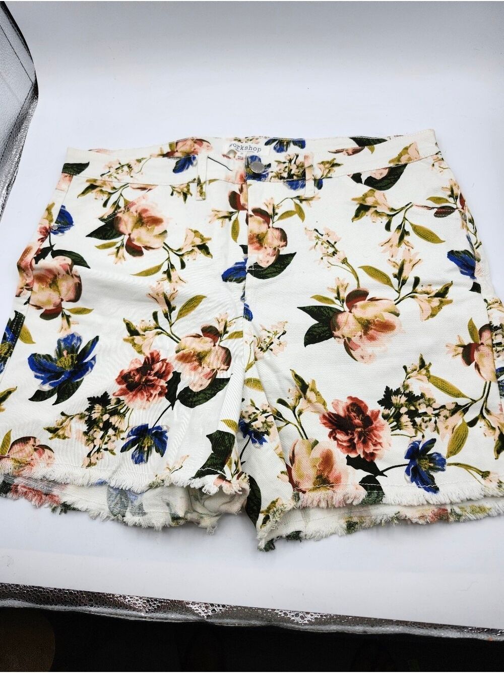 Workshop Republic Clothing White Floral Denim Shorts
